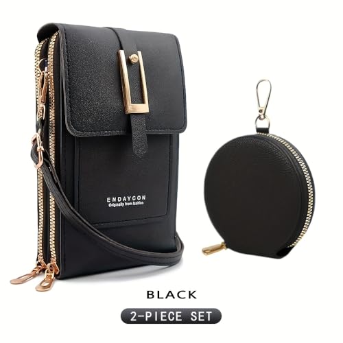 2-Piece Touchscreen Phone Crossbody Bag, Faux Leather Mini Purse with Detachable Coin Pouch - color: Black