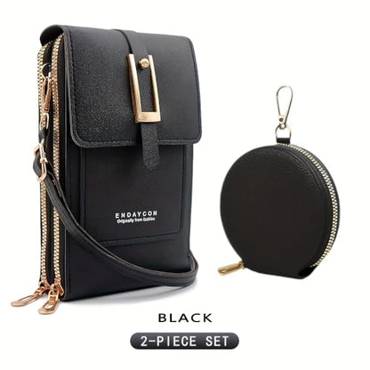 2-Piece Touchscreen Phone Crossbody Bag, Faux Leather Mini Purse with Detachable Coin Pouch - color: Black