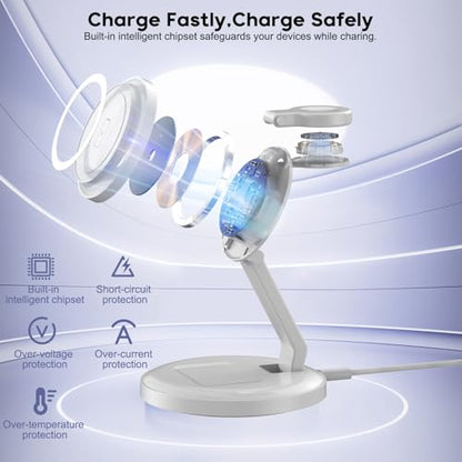 3 in 1 Foldable Magnetic Wireless Charging Station,iPhone Mag-Safe Charger - color: White, size: 2Pack