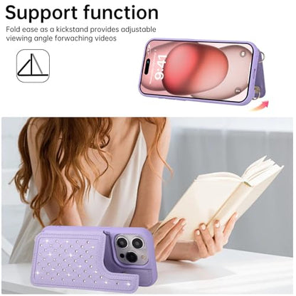 Crossbody Wallet Case for iPhone 12 Pro Max(6.7") with Detachable Strap - PU Leather Flip Folio with Card Slots & RFID Blocking, Sparkling Diamond Accents-Purple - color: Purple, size: iPhone 12 Pro Max(6.7")