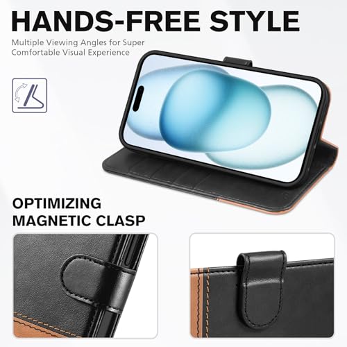 TUCCH Wallet Case for iPhone 15 (6.1") 2023, 4 Card Slots, Black & Brown | RFID Blocking, Viewing Stand, Shockproof TPU Shell, PU Leather, Magnetic Closure, Protective Folio Flip Cover - color: Black & Brown