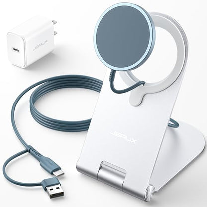JSAUX Magnetic Wireless Charger Compatible with MagSafe Charger iPhone 16/15/14/13/12 Series, Wireless Mag Safe Charging Pad (Blue) with 20W PD Adapter and Desktop Stand - color: Blue-Full Set