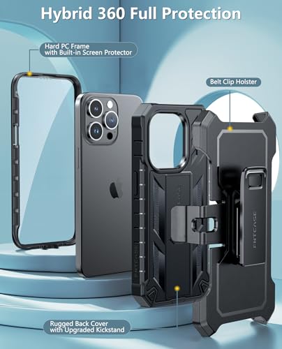 FNTCASE for iPhone 15 Pro Case with Belt Clip, Rugged Kickstand | Built-in Screen Protector, Military-Grade Drop Protection, Heavy Duty Shockproof Holster Protective Cover - color: T-Black