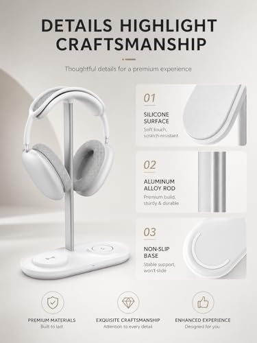 Headphone Stand with Wireless Charger, Holder for Airpods Max/iPhone/iWatch - color: Cream White