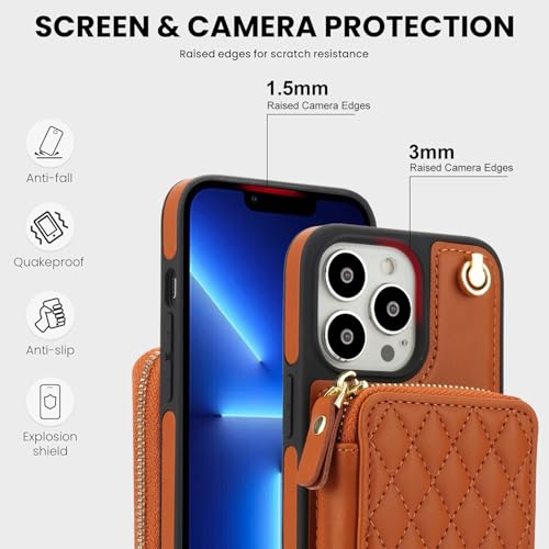 Phone Case for iPhone 14 Pro 6.1 inch Wallet Cell Cover with Tempered Glass Screen Protector Wrist Crossbody Strap RFID Blocking Card Holder iPhone14Pro 5G i i-Phone i14 iPhone14 4 14Pro Women Brown - color: Brown