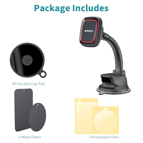 APPS2Car Magnetic Phone Holder for Car, Dashboard Windshield Phone Holder Mount with Flexible Arm & Built-in Strong Magnets, Suction Cup Phone Holder for Car Compatible with All Smartphones - color: Black