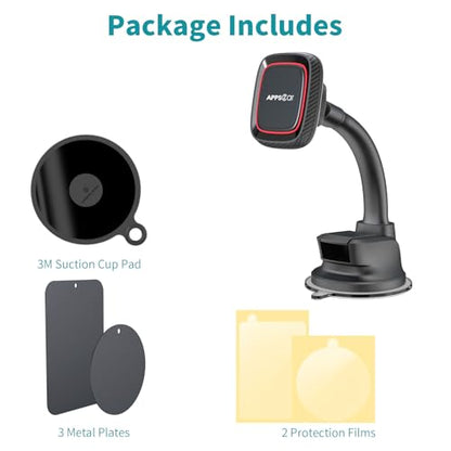 APPS2Car Magnetic Phone Holder for Car, Dashboard Windshield Phone Holder Mount with Flexible Arm & Built-in Strong Magnets, Suction Cup Phone Holder for Car Compatible with All Smartphones - color: Black