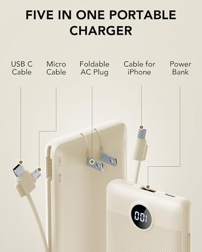 Portable Charger Built-in Cables and AC Wall Plug, USB C Power Bank 10000mAh, Travel Battery Portable Phone Charger Compact Lightweight External Battery Pack for Smart Phones, Tablets etc-Light Coffee - color: Light Coffee