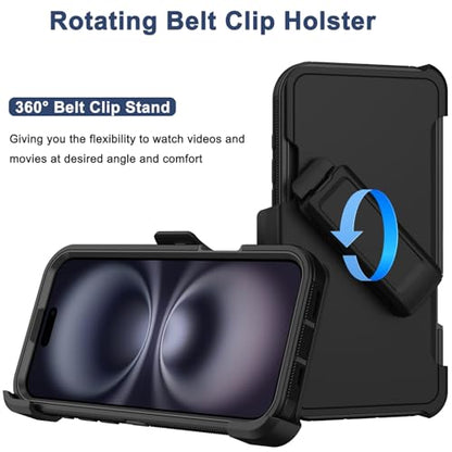 for iPhone 16 Phone Case, Military Grade Drop Protection Cell Phone Cover with Belt Clip Holster Stand, Screen Protector x2 Rugged Shockproof Kickstand for iPhone 16 Case 6.1 inch (Black) - color: Black