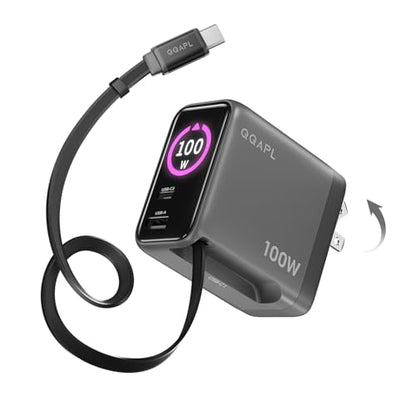 Compact 100W 3-Port GaN Retractable USB C Wall Charger with Smart Display