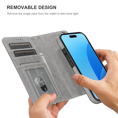 Bocasal Detachable Wallet Case Card Holder for iPhone 16, Grey | RFID Blocking Kickstand Card Slots Holder PU Leather Magnetic Shockproof Wrist Strap Removable Flip Protective Cover 6.1 inch - color: Gray