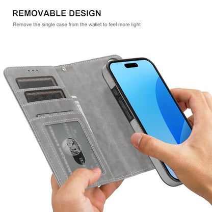 Bocasal Detachable Wallet Case Card Holder for iPhone 16, Grey | RFID Blocking Kickstand Card Slots Holder PU Leather Magnetic Shockproof Wrist Strap Removable Flip Protective Cover 6.1 inch - color: Gray