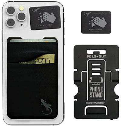 Gecko Travel Tech Mobile Phone Double Pocket Wallet Stick on with Stand - Cellphone Accessories case - Phone Card Holder with Stick on - (Black-Gray) - color: BLACK-GRAY