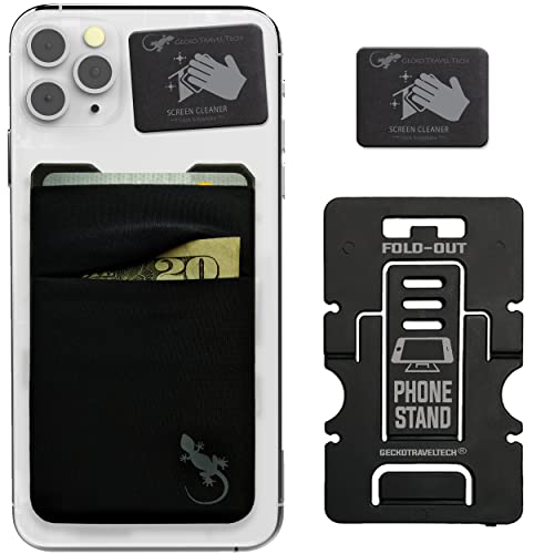 Gecko Travel Tech Mobile Phone Double Pocket Wallet Stick on with Stand - Cellphone Accessories case - Phone Card Holder with Stick on - (Black-Gray) - color: BLACK-GRAY