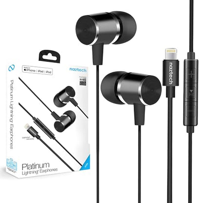 Naztech Platinum Lightning Wired iPhone Headphones - MFi Wired Earbuds for iPhone, iPad & iPod, Premium Noise Isolating Fit with in-Line Controls and Mic, Black