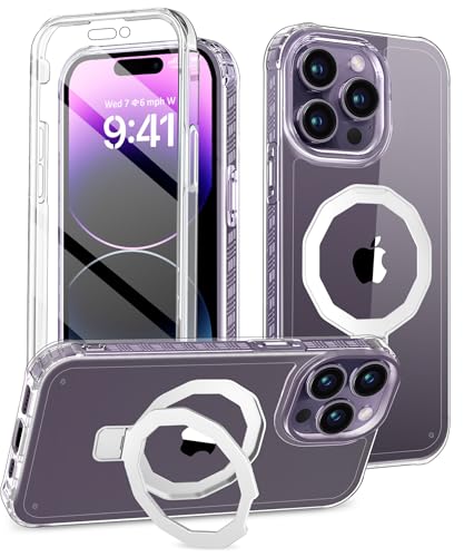 Compatible with iPhone 14 Pro Max Case, Built-in Screen Protector & Seamless Stand, with Camera Lens Protector, Strong Magnetic Clear Phone Case, Full Body Protective Cover for 6.7" (Clear) - color: Clear, size: iPhone 14 Pro Max 6.7"