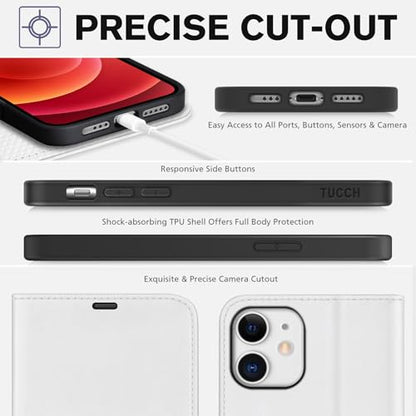 TUCCH Wallet Case for iPhone 12 Pro/iPhone 12 (6.1"), 3 Card Slots, White | RFID Blocking, Viewing Stand, Shockproof TPU Shell, PU Leather, Magnetic Closure, Protective Folio Flip Cover - color: White