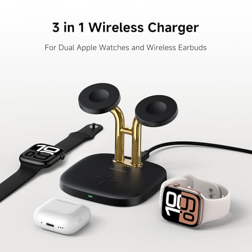 3 in 1 Dual Watch Wireless Charger Stand for Apple Watch Ultra 4/12,AirPods - color: Black & Gold