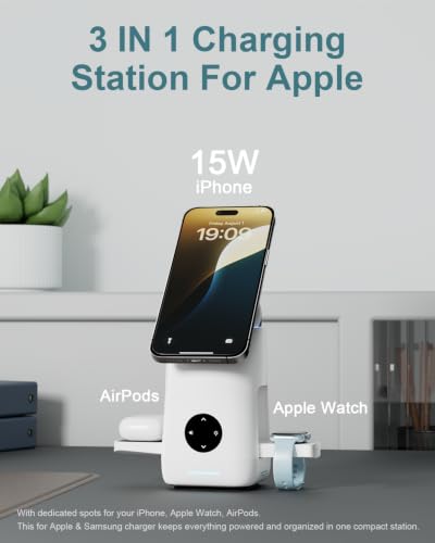3 in 1 Charging Station for Apple & Samsung - 15W Wireless Mag-Safe Charger Stand Compatible for iPhone 17 16 15 14 13 12, AirPods, Apple & Galaxy Watch, Samsung S25 S24 (2 Pack White)