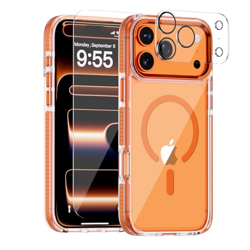 Full Body Protection Kit for iPhone 17 Pro Case, MagSafe Compatible Clear Cover, Orange Non-Slip Grip Bumper, N52 Magnetic Backing, Includes Tempered Glass Screen Protector and Lens Film - color: Clear Orange non-slip, size: iPhone 17 Pro