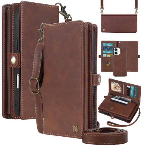 for Wallet Case Compatible with iPhone 16,Multi-Function Detachable 2 in 1 Magnetic iPhone 16 Wallet,Flip Strap Zipper Card Holder Phone Case with Shoulder Straps(Brown) - color: Brown, size: iPhone 16