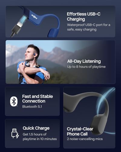 SHOKZ OpenRun Bone Conduction Bluetooth Headphones, Blue, USB-C Charging - color: Blue, size: Standard Size+USB-C Charging
