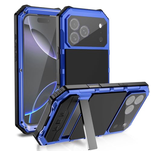 Simicoo Military Metal Heavy Duty Case Compatible with iPhone 17 Pro Max, Drop Protection Rugged Defender Metal Bumper Screws Case with Stand Gorilla Glass Camera Cover Full Body Dustproof Blue - color: Blue, size: iPhone 17 Pro Max