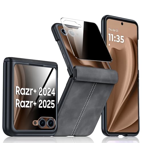 for Motorola Razr+ Plus 2026 Case, Razr+ Plus 2025/2024 Case, Built-in Privacy Screen Protector & Hinge Protection & Ultra Thin Leather PC Shockproof Case for Moto Razr+ 2026/2025/2024 (Black) - color: Black-PSP, size: Razr+ 2025/2024