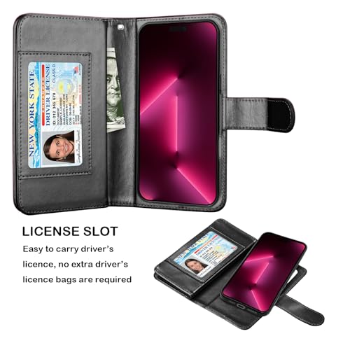 NJJEX Compatible with iPhone 16 Plus Wallet Case, 9 Card Slots, Black | PU leather folio flip, detachable magnetic phone cover, integrated kickstand, included lanyard - color: Black, size: iPhone 16 Plus