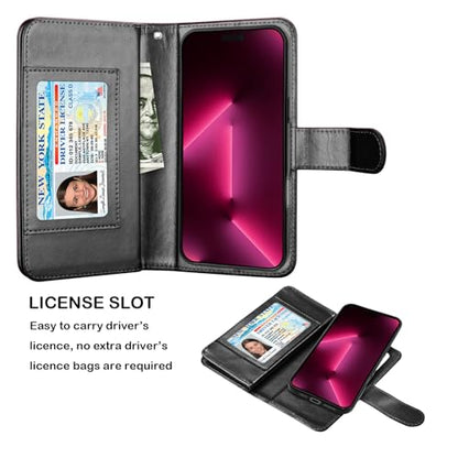 NJJEX Compatible with iPhone 16 Plus Wallet Case, 9 Card Slots, Black | PU leather folio flip, detachable magnetic phone cover, integrated kickstand, included lanyard - color: Black, size: iPhone 16 Plus