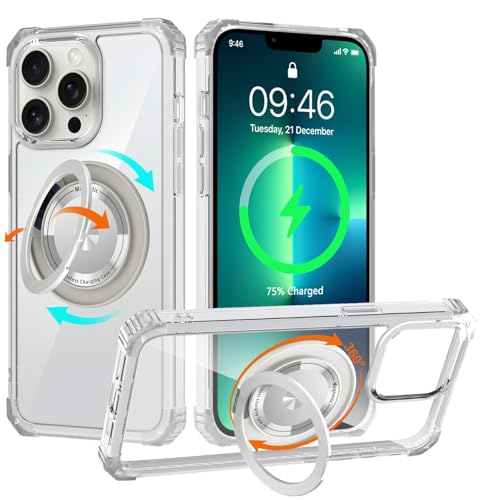 Clear Case for iPhone 13 Pro Max Magnetic 360 Rotatable Ring Stand | Military Grade Heavy Duty Cover with 360 Rotatable Ring Kickstand -260417 - color: Clear, size: iPhone 13 Pro Max