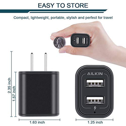 USB Power Adapter, Wall Plug Ailkin 2-Pack 5V/2.1A Fast Charging Cell Phone - color: Black