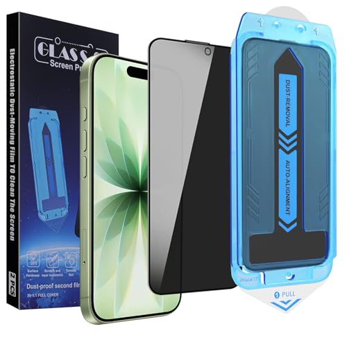 2-Pack Privacy Screen Protector for iPhone 17, iPhone 16 Pro 6.3-inch, 9H Tempered Glass, Full Coverage, Anti-Fingerprint, Auto Dust-Elimination, No Bubble, Easy Installation - size: : for iPhone 17/iPhone 16 Pro