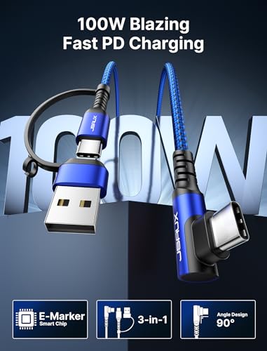 JSAUX 3-in-1 USB C Cable 2-Pack 10FT, 100W Right-Angle Fast Charging, Blue - color: Blue, size: 10FT