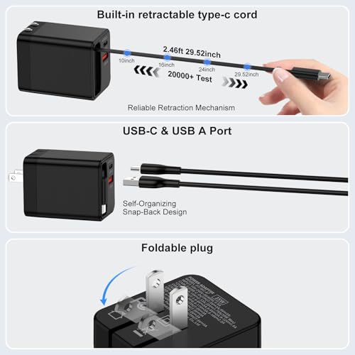 Retractable Wall Charger Cable 35W USB C Fast Charging Block for iPhone 17e - color: black
