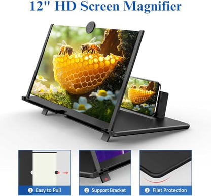 12" Screen Magnifier for Cell Phone – 3D HD Magnifing Screen Enlarger Projector for Movies Videos and Gaming – Foldable Phone Stand Holder with Screen Amplifier–Compatible with All Smartphones - color: Black-12''