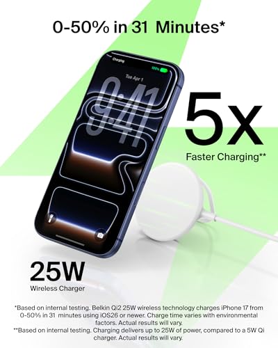 Belkin Qi2 25W Magnetic Wireless Charging Pad, Fast Charging, No Adapter - color: White, style: No Power Supply Included