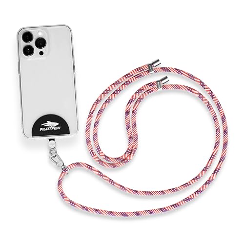 Pilotfish Team Phone Lanyard Strap – Universal Neck & Crossbody Cell Phone Holder, Anti‑Drop, Adjustable for iPhone & Android - color: Silver Buckle/Red White Blue