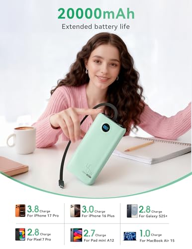 DIAMUAR Portable Charger 20000mAh 45W, Built in USB C Cable, 3W Flashlight - color: Natural Teal