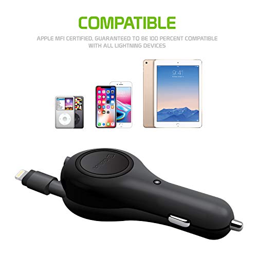 Cellet Retractable iPhone Car Charger with Lighting Cable (Apple MFI Certified) 10-Watt Compatible with iPhone 14 Pro Max Plus mini SE 13 12 11 Xr Xs X 8 7 6 5 iPad, iPad Pro, iPad Air, iPad mini - color: 10 Watt Lighting