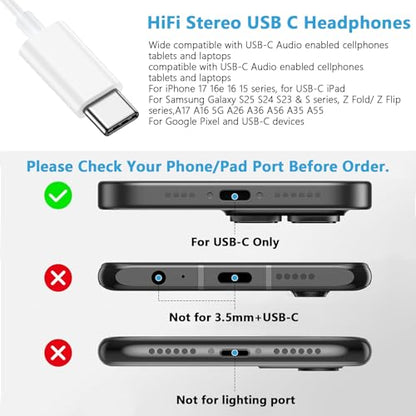 for iPhone 17 Earbuds Wired USB C Ear Buds for iPhone 17/17 Pro/17 Pro Max - color: White