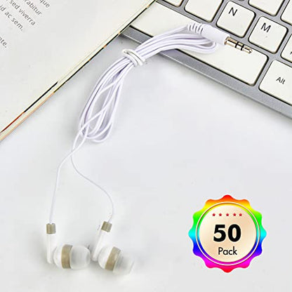 CN-Outlet Bulk Earbuds Headphones 50 Pack, Wholesale Disposable Earphones for Schools Classroom Students Kids Children (White) - color: White