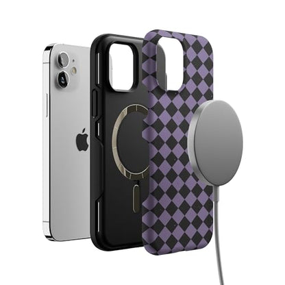 Casely iPhone 12 Mini Case | Harlequin Midnight Diamond | Black and Purple | Bold Protective Design | MagSafe Compatible Design - color: Harlequin Midnight Diamond | Black and Purple, size: Iphone 12 Mini