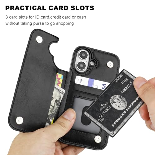 ONETOP for iPhone 16 Wallet Case with Credit Card Holder,Black | Kickstand,ID/Cash Holder,Case Wallet with Card Slots,Double Magnetic Clasp,Durable PU Leather Shockproof Cover for Women Men - color: Black