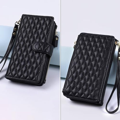 for iPhone 16e/17e Case Wallet,Compatible with MagSafe Magnetic 2 in 1 Magnetic Detachable PU Leather RFID Blocking Wallet Cover Card Holder Zipper Wrist Strap Lanyard,Quilted Black - color: Quilted Black