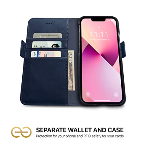 Dreem Vegan Leather Magnetic Detachable Wallet Case for iPhone 13 | Built-in Phone Stand, RFID Blocking Card Holder Flip Cover, MagSafe Compatible, Gift Box [Fibonacci: Royal] - color: Royal, size: iPhone 13