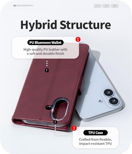GOOSPERY Bluemoon Folio Wallet Case for iPhone 17, Flip Cover with Card Holder, Kickstand, Magnetic Closure, Shockproof TPU + PU Leather - Wine - color: Wine, size: iPhone 17