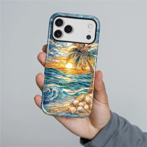 Case for iPhone 17 Pro Max, Dual Layer Phone Cover, Stained Glass Beach Palm - color: Stained Glass Beach Palm, size: Iphone 17 Pro Max