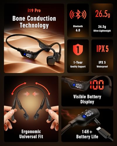 Bone Conduction Headphones, 14H Playtime Bluetooth 6.0 Open-Ear Earbuds with Mic, IPX5 Waterproof Lightweight Headset, Wireless Sport Earphones for Running, Gym Workouts(Gray Black)