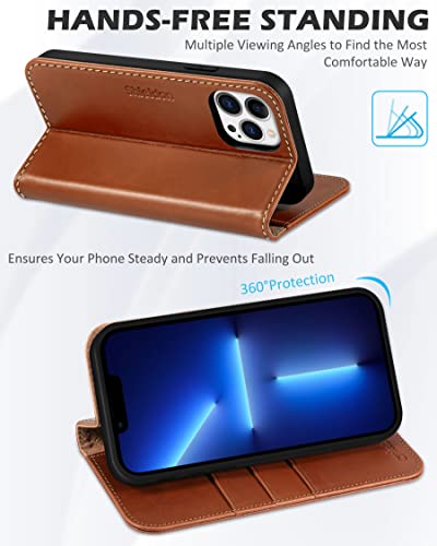 SHIELDON Genuine Leather Wallet Case for iPhone 13 Pro 2021, Retro Brown | RFID Blocking, Credit Card Holder, Magnetic Closure, Kickstand, Folio Design, Shockproof Phone Cover - color: Brown - Retro